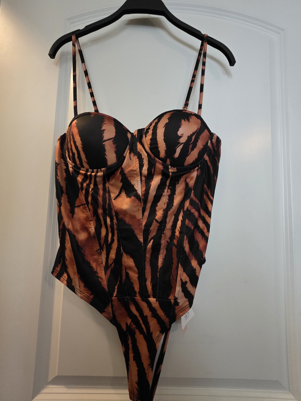 Tiger-Print Satin Bustier Bodysuit - Black & Orange